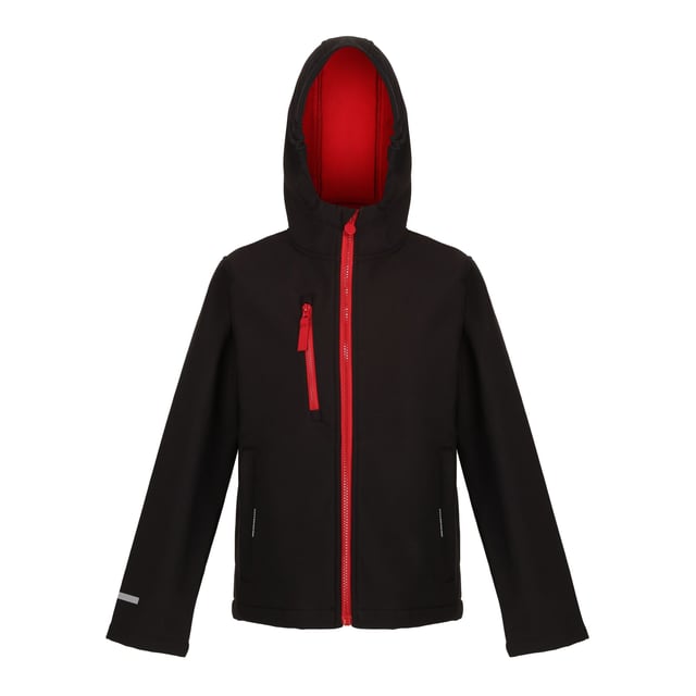Regatta Childrens/Kids Ablaze 3 Layer Soft Shell Jacket (Black/Classic Red) Material: 100% Polyester. Lining Material: 100% Fleece. Lining: Contrast. Fabric: Softshell, Woven. Design: Reflective Detail. Fabric Technology: Breathable, Waterproof, XPT. 3 Layer Membrane, Contrast Zip, Inner Zip Guard. Neckline: Hooded. Sleeve-Type: Long-Sleeved. Hood Features: Elasticated, Grown On Hood. Pockets: 2 Zip Pockets, 1 Chest Pocket, Zip. Fastening: Full Zip. 10000g/m²/24hrs. Sustainability: Made from Recycled Materials.