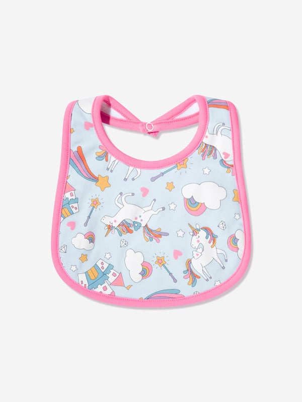 Magnolia Baby incorporate fine detailing and impeccable construction into their beautiful aesthetics. This baby girls pink bib is reflective of the label's passion for geometric abstracts. Crafted in beautiful pink trim unicorn patterning, she will look effortlessly adorable.  100% Pima Cotton  Press-Stud Fastenings  Towelled Fleece On Back