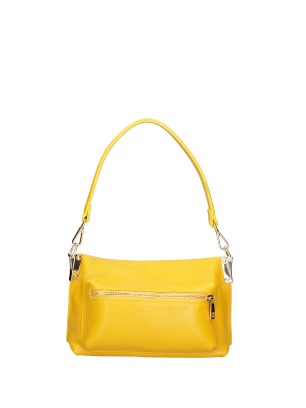 Bolso de hombro para mujeres. El cierre es con zip. Los bolsillos internos son una cremallera. Los bolsillos externos son dos delanteros con cremallera y una trasera con cremallera. La correa del hombro es ajustable y extraíble en cuero. El mango está en cuero. Los compartimentos internos son uno. El material externo es una verdadera piel en dólares. Está alineado internamente en 70% de tela de algodón - 30% de seda. Medidas: 27x14x8 cm. Hecho en Italia