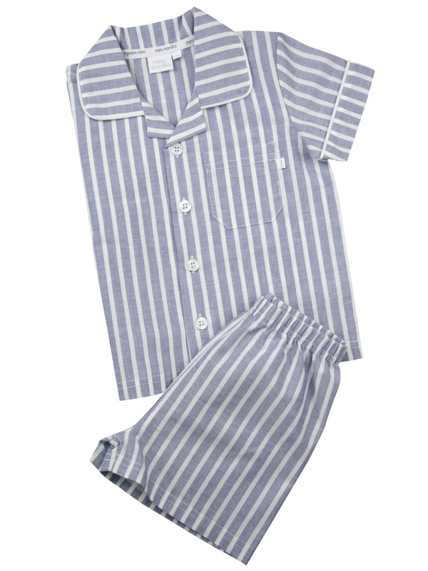 Blue and White Stripe Traditional Shortie Pyjamas.

Our classic short sleeve crisp summer cotton boys pyjamas in a blue and white stripe creates a traditional look that’s perfect for lounging or sleeping. Made from super-soft 100% crisp cotton. The set is trimmed with white cotton piping. The top has an open collar and revere, single square pocket with MV tab and fastens with Mini Vanilla Engraved buttons. The crisp cotton comfy shorts have a fully soft elasticated waist for extra comfort. 

Sold as a Pyjama set.
Fabric 100% cotton - crisp summer weight.
Fire Warning : KEEP AWAY FROM FIRE AND FLAMES.
Wash Care Instructions : Machine wash inside out, do not soak, wash dark                    colours separately, do not iron trims. Save energy and wash at 30 degrees.
Do not tumble dry