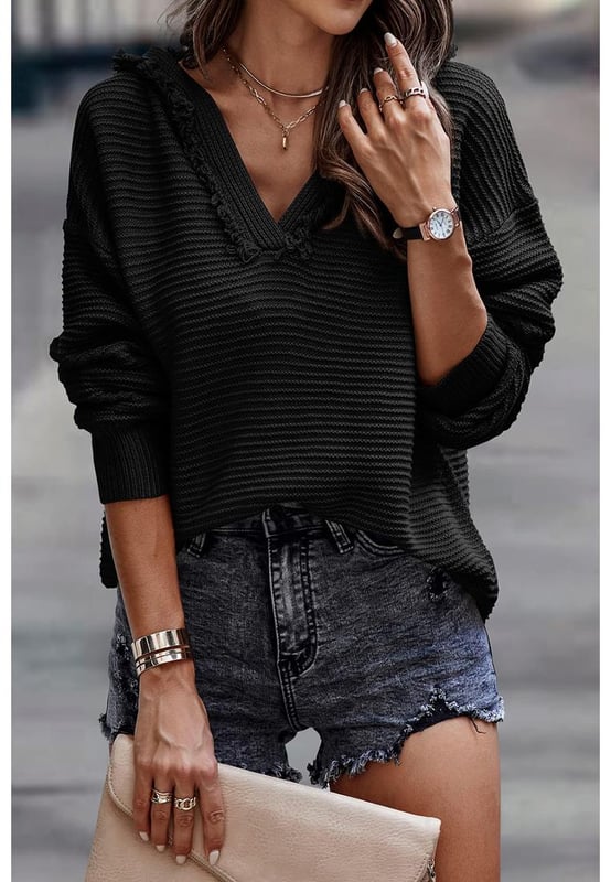 V neck ribbed drop shoulder hooded sweater
  Made from Quality materials
  Keeps you warm and comfortable
  Ribbed texture for a modern look
  Drop shoulder design for a relaxed vibe
  Adjustable hood with drawstrings
  Versatile piece for any occasion
  Available in multiple colors