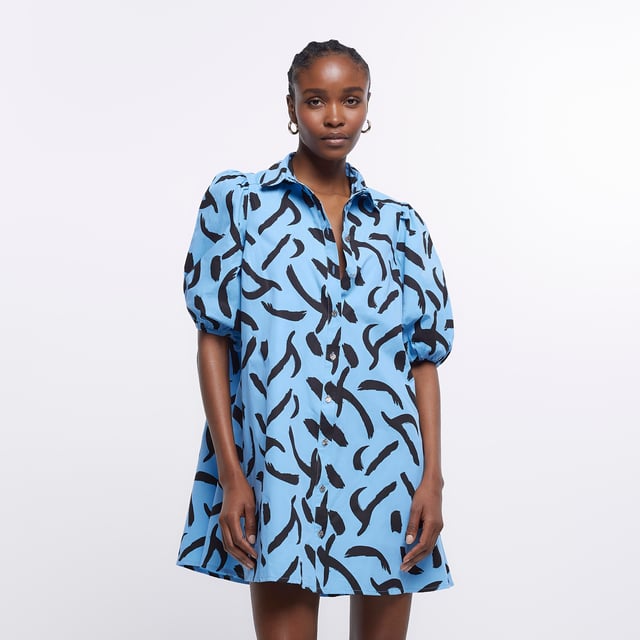 Print fabric, Collared, Short puff sleeves, Button fastening, Mini length, Our model wears a UK 8 and is 175cm/5'9'' tall, Cotton for this product has been responsibly sourced