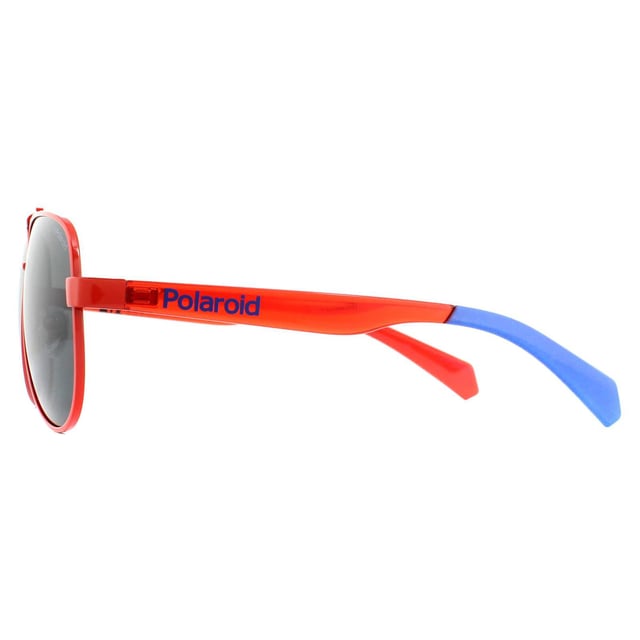 Polaroid Kids Sunglasses PLD 8034/S C9A M9 Red Grey Polarized are a vibrant aviator style for kids. With adjustable nose pads, a perfect fit is guaranteed for children aged 8-12 years. Polarized lenses will ensure a comfortable view and the temples are signed off with the Polaroid logo.