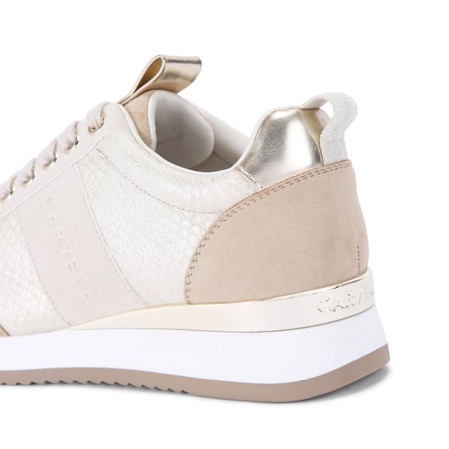 This Carvela Frame Runner trainer is crafted in gold with a flat lace up front. There are gold Icon C branding features across the trainer. The sole in pumped in white.