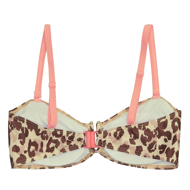 85% Polyester, 15% Elastane. Fabric: Soft Touch, Stretch. Design: Leopard Print, Ruched. Fastening: Clasp. Neckline: Sweetheart. Adjustable Shoulder Strap. Sustainability: Made from Recycled Materials. Sun Rating: UPF 50+.