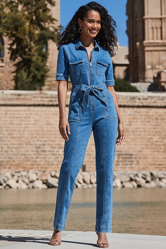 Denim Blue Utility Playsuit Mid Blue Denim Tie Waist Utility Jumpsuit