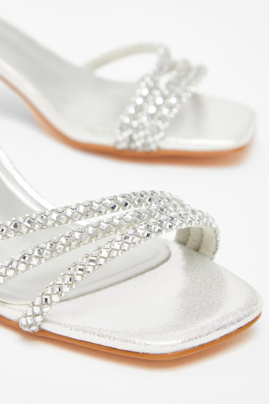 Silver Diamante Low Heeled Sandals - Diamante embellished - Low block heel - Open toe - Ankle strap - Heel height: 6cm/2.5 inches approx