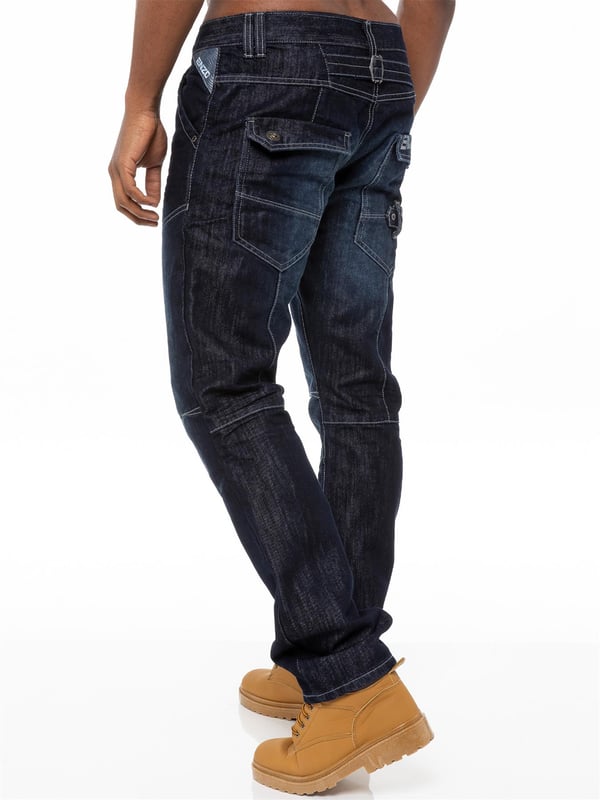 Turn up your style a notch with the latest midwash mens jeans. Enzo straight fit jeans in cotton blend blue denim feature a zip fly, double belt loops, seams at knee and thigh and back pockets with flaps. Straight leg jeans never go out of style and are perfect for relaxed weekends; tailored to sit just below the natural waist, they suit all figure types and with sizes up to 48, theres a pair of Enzo jeans to fit everyone. Also available in Blue, Grey and Black.