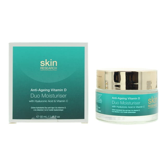 Skin Research Anti-Ageing Vitamin D With Hyaluronic Acid and Vitamin C Duo Moisturiser is a powerhouse skincare product designed to combat the signs of aging and promote a vibrant, youthful complexion. This dynamic duo combines the benefits of Vitamin D, Hyaluronic Acid, and Vitamin C for a comprehensive approach to skincare. Vitamin D is a vital nutrient known for its ability to support skin health and protect against environmental stressors. It aids in maintaining a youthful, healthy appearance by replenishing the skin's Vitamin D levels. Hyaluronic Acid is a potent hydrating ingredient that helps to lock in moisture, leaving the skin plump, smooth, and deeply nourished. It supports the skin's natural moisture barrier, helping to prevent dehydration and maintain optimal hydration levels. Vitamin C is a powerful antioxidant known for its brightening and protective properties. It helps to even out skin tone, reduce the appearance of dark spots, and boost collagen production, resulting in a more radiant and youthful complexion. The lightweight, non-greasy formula of this moisturiser duo allows for easy application and quick absorption. It provides a surge of essential nutrients, supporting the skin's natural regeneration process. Over time, this leads to a smoother, firmer, and more supple complexion. This moisturiser duo is suitable for all skin types and is an essential addition to any anti-aging skincare regimen.