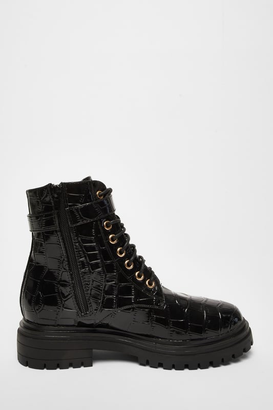 - Faux leather - Croc embossed - Lace up - Buckle detail - Round toe - Heel height: 4.5cm/1.8inches approx