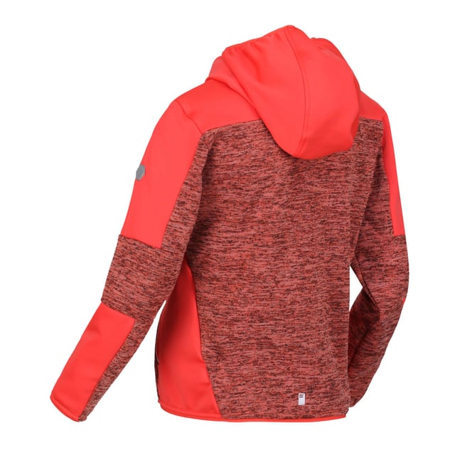 Regatta Juniors Dissolver V Full-Zip Fleece in Red The Dissolver V kids' fleece from Regatta is just the thing for kids on the go. The kids' fleece jacket is crafted with polyester and elastane for long-lasting stretch comfort. There are stretch panel inserts to keep little ones moving with ease. They can pull up the hood when it gets windy. The kids' fleece top is ideal for running, hiking and woodland adventures. The marl knit effect adds a stylish touch. With reflective trim and stretch binding. Material: 85% Polyester, 13% Viscose, 2% Elastane. Ref: RKA362FBN.