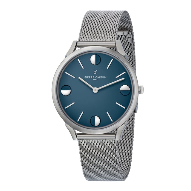 This Pierre Cardin Pigalle Half Moon Analogue Watch for Unisex is the perfect timepiece to wear or to gift. It's Silver 40 mm Round case combined with the comfortable Silver Stainless steel watch band will ensure you enjoy this stunning timepiece without any compromise. Operated by a high quality Quartz movement and water resistant to 3 bars, your watch will keep ticking. This fashionable and classic watch matches any outfit at any occasion,it adds style to your life High quality 21 cm length and  18 mm width Silver Stainless steel strap with a Fold over clasp Case diameter: 40 mm,case thickness: 6.55 mm, case colour: Silver and dial colour: Blue