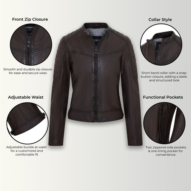 This stylish leather jacket offers a modern take on classic biker style. Crafted from soft lamb leather, it combines comfort and durability with a sleek and edgy aesthetic.

Key Features:

Soft Lamb Leather: Ensures comfort and a luxurious feel.
Modern Biker Style: Features a stand-up collar, zipper closure, and angled pockets.
Functional Pockets: Includes two zippered chest pockets and one interior pocket for secure storage.
Adjustable Waist: The buckle at the hem allows for a customized fit.
Edgy Details: The quilted shoulder panels add a touch of visual interest and enhance the jacket's biker-inspired look, while also providing additional protection.
Quilted Shoulder and Sleeves: The quilted design offer added protection and a stylish touch.
This jacket is perfect for those who want a versatile and stylish piece that can elevate any outfit.