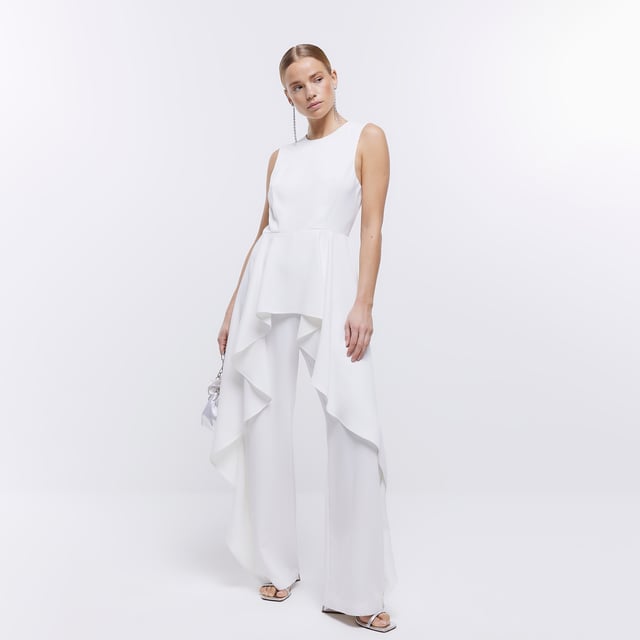 River Island Womens Jumpsuit White Frill Waterfall