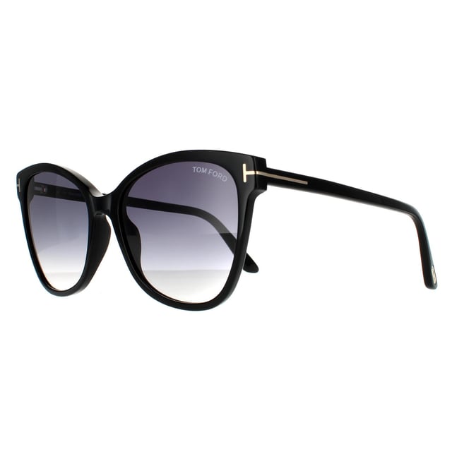 Tom Ford Cat Eye Womens Shiny Black Grey Gradient  Ani FT0844 are a cat eye shape crafted from lightweight acetate.   They are superbly enhanced with tweaks at the corners which are enhanced with the signature Tom Ford "T" emblem. The Tom Ford logo also appears on the left lens for added authenticity.