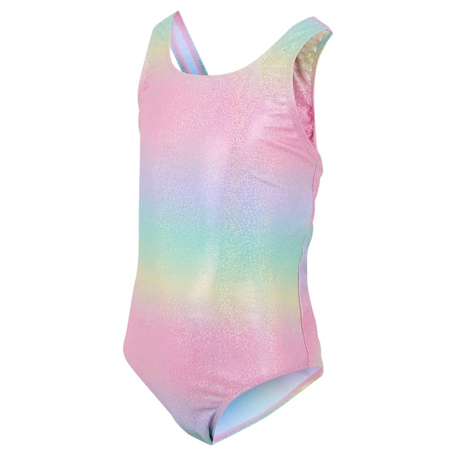 Regatta Girls Katrisse Mermaid Shimmer One Piece Swimsuit (Multicoloured) 85% Recycled Polyester, 15% Elastane. Fabric: Stretch. Design: Gradient, Iridescent. Fastening: Pull-On. Back Style: Racerback. Neckline: Scoop. Fabric Technology: Durable, UV Protection. Sleeve-Type: Sleeveless. Sun Rating: UPF 50+.