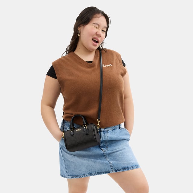 Mini Rowan Crossbody in Signature Canvas, Two credit card slots,  Length: 17.50 cm,  Width: 10.00 cm,  Height: 12.00 cm