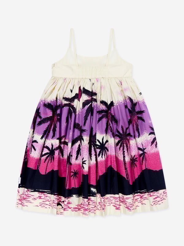 Molo inject passion and an eccentric outlook into their aesthetics. This girls twilight dress is reflective of the label's ostentatious technological properties. Crafted in a strapless off-white organic cotton design showcasing a print of a deserted island in shades of purple, pink and black that are reminiscent of a Hawaiian summer.‚ Empire Waist‚ Full Skirt‚ Narrow Straps‚ Hidden Zipper At Side Seam ‚ 100% Organic Cotton‚ GOTS Organic Certified By Ecocert Greenlif