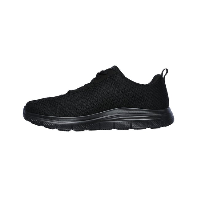 Skechers Mens Flex Advantage Bendon Slip Resistance Trainers Sporty style meets surefooted comfort in the Flex Advantage Bendon SR shoe. Soft sporty mesh fabric and synthetic upper in a lace up sporty casual work slip resistant sneaker with stitching accents and Memory Foam insole.