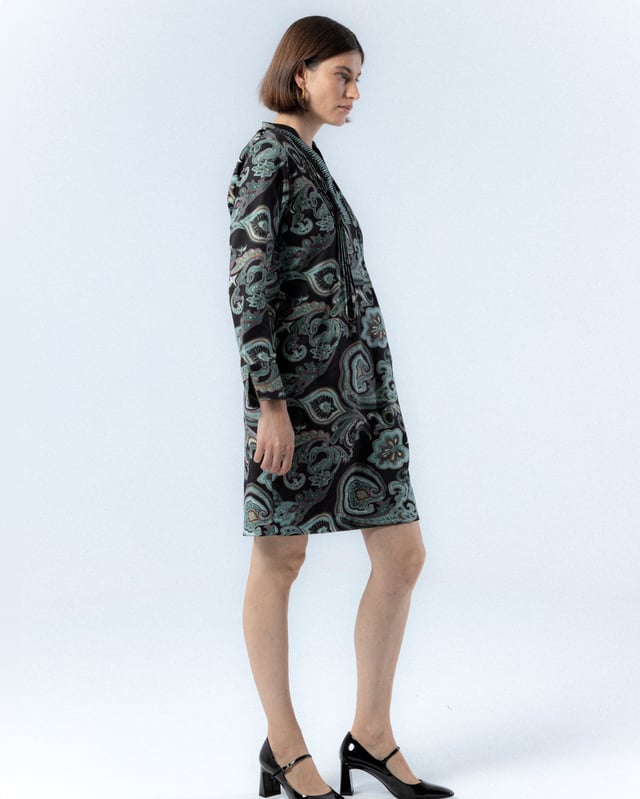 El Vestido Lorena Paisley Verde es una elección perfecta para el invierno. Con su elegante estampado paisley y corte holgado, este vestido ofrece una combinación de sofisticación y comodidad. Completa tu look con botas altas y un abrigo largo para un estilo clásico y chic en los días fríos.
 
 
 
 
 
  Vestido corto con jaretas en delantero. 
 
 
 
 Cuello pico con bordado de hilo y abalorios. 
 
 Manga larga acabada con puño con abertura. 
 
 Tejido estampado paisleys.