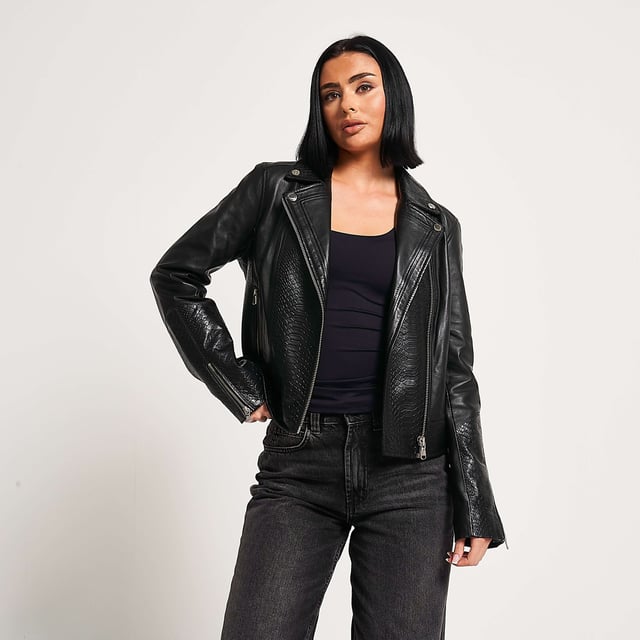 Barneys Originals Real Leather Biker Jacket with snake print detail panels