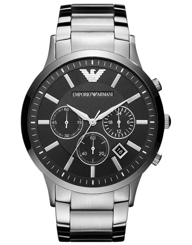 Diese Emporio Armani Renato Chronograph Uhr für  Herren ist das perfekte Accessoire zum tragen oder verschenken. Ihr Silber 46 mm Rund Gehäuse kombiniert mit dem bequemen Silber Armband aus  Edelstahl garantiert, dass Sie diese atemberaubende Uhr kompromisslos genießen werden. Angetrieben von einem hochwertigen Quarz Uhrwerk und wasserdicht bis 5 bars, läuft Ihre Uhr stets weiter. Diese sportliche und modische Uhr gibt dir ein einzigartiges Gefühl in jedem Outfit!  -Diese Chronograph Uhr verfügt über eine Kalenderfunktion: Datum, Stoppuhr, 24-Stunden-Anzeige Diese hochwertige Uhr hat ein Silber Edelstahl Band ( 21 cm Länge und 23 mm Breite) mit einer Faltschließe Gehäusedurchmesser: 46 mm,Gehäuse Höhe: 12 mm, Gehäusefarbe: Silber, Zifferblattfarbe: Schwarz