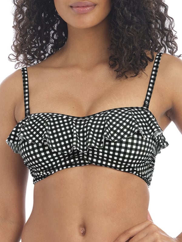 Freya Check In Bandeau Bikini Top. With light padding, detachable/adjustable straps and gathering detail. Removable centre tie. Product is made of 83% Nylon/Polyamide, 17% Elastane and is hand-wash only.