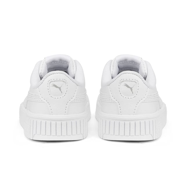 PRODUCT STORY For our next generation of sneaker fans, the Carina 2.0 AC is designed specifically for little feet with an easy-on/off elastic lacing system and our Kinder-Fit® removable sockliner for an improved fit. We've added a chunky textured sole for a fresh new look your little one will love. FEATURES & BENEFITS Recycled Content: The upper of this shoe is made with at least 20% recycled materials as a step toward a better future DETAILS Synthetic upper with perforated vampKinder-Fit® socklinerAlternative closure with elasticated laces for easy on/offRubber midsoleRubber outsolePUMA Formstrip on medial and lateral sidesPUMA No. 2 Logo on quarter panelPUMA Babies' style: Recommended for toddlers between 0 and 4 years