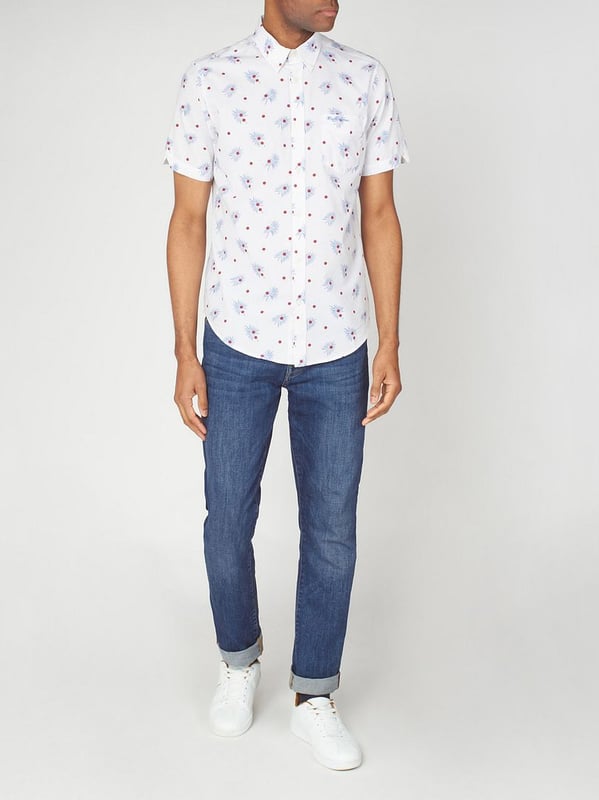 Ben Sherman Oxford Top de manga corta Camisa de algodón blanca de manga corta 0062921 003