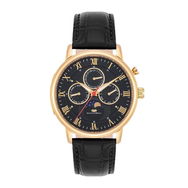The timepiece from the Rhodenwald & Sons manufacture is based on the design of legendary chronograph icons and is a popular collector's item as a limited collection with 999 copies. The functions date, month and weekday are integrated into a tricompax arrangement to 9-12-3 and supplemented by a moon phase display. Other highlights are the multi-layer dial, striking Roman digits and a comfortable real leather bracelet with crocodeling and contrast seam. The housing is made of robust stainless steel and refined with yellow gilding. An uncomplicated companion to a suit as well as the jeans!