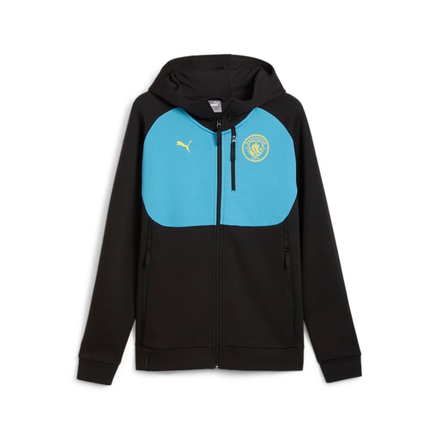 PUMA Mens Manchester City PUMATECH Full-zip Hoodie PRODUCT STORY: Show your City team spirit in style. This full-zip hoodie keeps you comfortable and warm. With moisture-wicking dryCELL technology and side pockets for your essentials, you'll stay focused on the game. Victory never looked so good. FEATURES & BENEFITS: dryCELL: Performance technology designed to wick moisture from the body and keep you free of sweat during exercise; Made with at least 20% recycled materials. DETAILS: Regular fit; 320 gsm, Knitted; Long sleeves; Zipped side and chest pockets; Zipped, front and side pockets. Our model is 185 cm tall and is wearing size M UK.