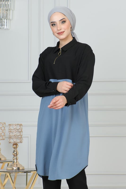 Stoffmerkmal: Hergestellt aus Belmando-Stoff.Produktmerkmal: Neues Hijab-Modemodell der Saison. Ungefüttert. Hat einen halben Reißverschluss vorne für einfache Verwendung. Manschettenknöpfe sind funktional. Aufgrund von Konzeptaufnahmen kann es leichte Farbabweichungen im Produkt geben. Das Model trägt Größe 40. Größe 38 Tunika-Maße: Produktlänge: 99 cm - Br