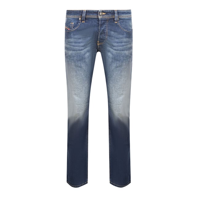 Diesel Larkee R19HN mörkblå jeans. Diesel blå denimbyxor. Knäppt gylf. 98% bomull, 2% elastan. Rakt ben. Diesel-märkt badge