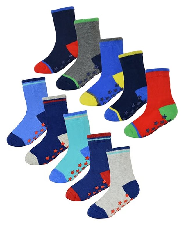 If your little ones are in need of a sock drawer top up but you need something to last them playing on hard surfaces then why not consider these great 10 Pair Value Pack Cotton Rich Socks with Grippers? Designed with you little boy in mind, these socks come with cute and colourful heel & toe patterns but with non-slip grippers on the bottom of each sock. This is to ensure that they don’t slip over on hard surfaces while playing around the house. These baby boy socks are Cotton Rich which will make sure that their feet remain super soft and comfortable throughout the day. With bright & funky colours throughout this 10 pack, there's plenty to keep them going. These socks come in 2 different styles. Colours include: Blue, White, Green, Navy, Grey, Red, Royal Blue, Bright Blue and more, all with colourful grips. These socks come in 10 pairs and different 2 styles. They are available in 3 sizes: 0-6 Months, 6-12 Months & 12-24 Months. They are made from 78% Cotton; 20% Polyester; 2% Elastane and are Machine Washable.