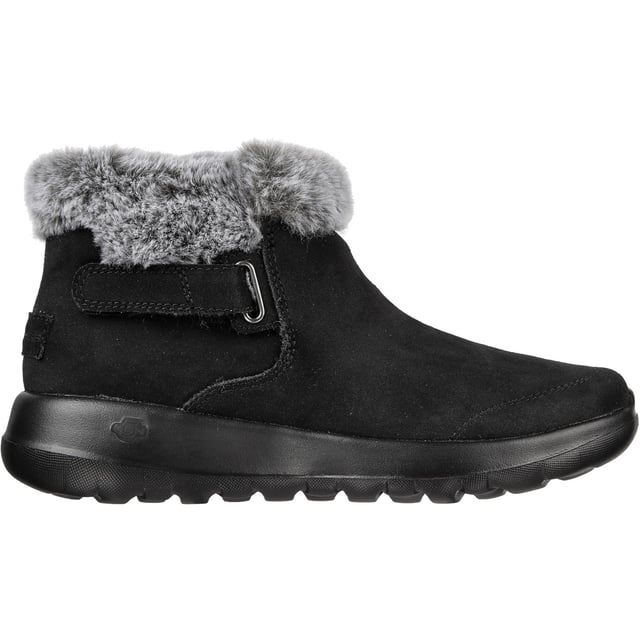 Enjoy the season in plush comfort with Skechers On-the-GO Joy First Glance. This slip-on cold-weather bootie features a 3M Scotchgard treated suede upper with a faux-fur trim and lining plus a Skechers Air-Cooled Goga Mat insole.