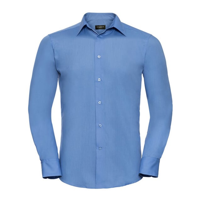 65% Polyester, 35% Cotton. Fabric: Poplin. Design: Plain. Cuff: Adjustable, Double Button. Hem: Curved. Sleeve-Type: Long-Sleeved. Neckline: Semi-Cutaway Boned Collar. Fabric Technology: Lightweight. Back Yoke, Double Folded Seams. Fit: Tailored. 105gsm. Sustainability: Amfori, Better Cotton Initiative, BSCI, Fair Labor Association, Oeko-Tex Standard 100 Certified. Suitable for: Cufflinks, Embroidery.