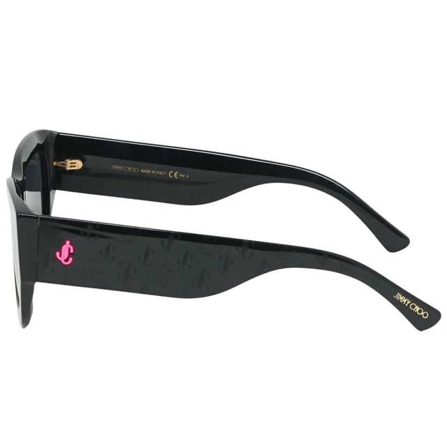 Jimmy Choo Cami 807 Black Sunglasses. Experience luxury and sophistication with the Jimmy Choo Cami 807 Sunglass. Crafted from the finest materials, these sleek sunglasses feature 100% UVA/UVB protection and refined metallic accents. Admire the sophisticated Jimmy Choo style with these timeless sunglasses.. Black Sunglass, Nose Bridge Width = 17mm, Lens Width = 56mm, Arm Length = 145mm. Branded Sunglasses Case and Cleaning Cloth Included. 100% Protection Against UVA &amp; UVB Sunlight and Conform to British Standard EN 1836:2005, Sunglasses, Sunglasses Case, Cleaning Cloth and Care Instructions all Included. Jimmy Choo Cami 807 Sunglass