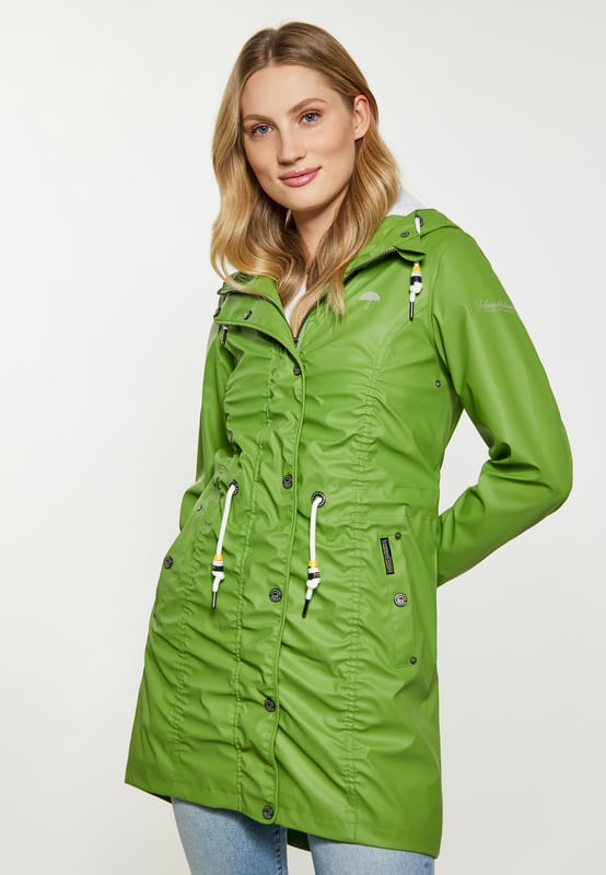 Accentueer je outdoorstijl met deze stijlvolle effen regenjas, ontworpen voor de moderne vrouw. Het heeft een normale pasvorm, een ritssluiting met drukknoopsluiting en een capuchon met trekkoord voor veelzijdigheid. De gedrapeerde jas wordt aangevuld met klepzakken en gelaste naden. Gemaakt van waterdicht materiaal (3000 mm), zorgt het voor duurzaamheid en functionaliteit onder alle weersomstandigheden.  Mackintosh