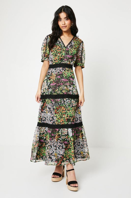 Tiered floral lace printed chiffon dress on sale