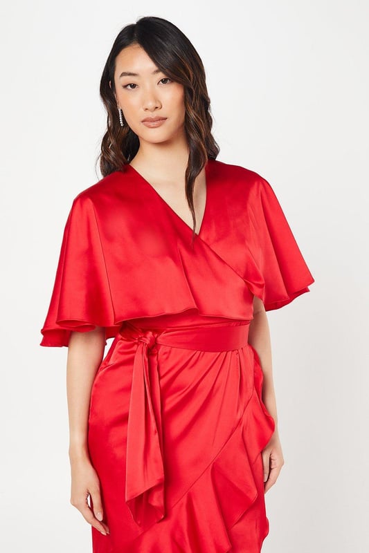 Red cape style wrap midi dress discount