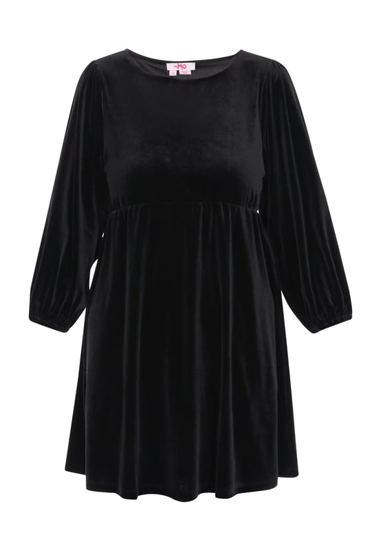 Step into style with this babydoll dress, crafted from luxurious velvet for a plush feel. It showcases a round neck and 3/4 puff sleeves that add charm to your look. The elastic waist creates delicate gathering, enhancing the festive vibe. Ideal for Christmas or any event. This mini dress offers effortless elegance in a plain pattern. This article is a part of the Mini Dress Collection.  Kleid