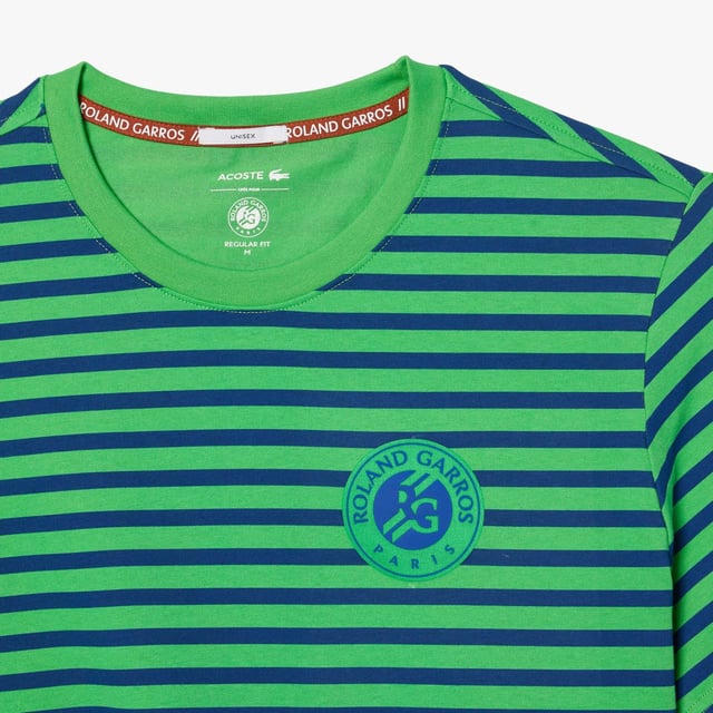 Unisex Lacoste Sport Ultra-Dry Sport Roland Garros Edition T-Shirt in navy blue - green.- Organic cotton - Regular fit  straight cut - New Roland Garros logo - Lacoste x Roland Garros inside neck band - Silicone crocodile on chest- TH7580-IS9