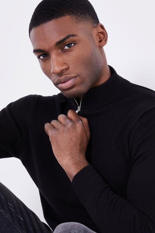 Black Sloane Cotton Blend 1 4 Zip High Neck Jumper