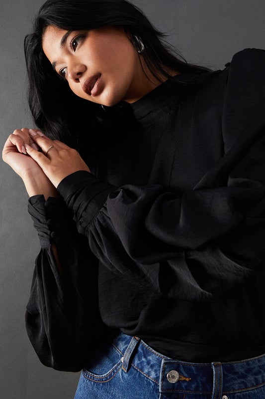 Premium Satin High Neck Pleat Detail Blouse