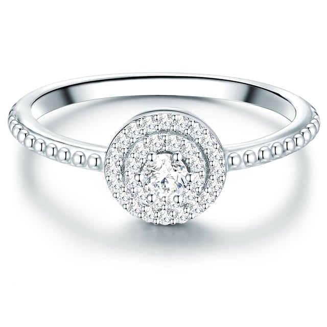 Do you love the classic entourage design of engagement rings? Then this ring of the 1934 manufacture is the perfect choice! Three circular-shaped ligaments made of zirconia crystals in brilliant cut are modeled on a solitaire and create a sparkling eye catcher. The ring rail is occupied with filigree metal balls-a minimalist-modern interpretation of the popular memoire look. The 925 sterling silver ring is protected with a high -quality rhodium layer from starting and retains its radiant silver gloss for so long. An attractive alternative to expensive diamond rings!