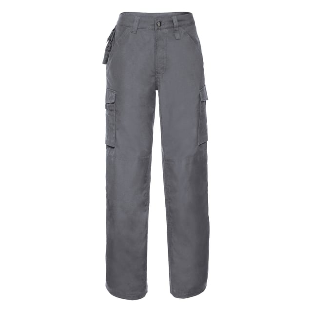 Suitable for 60°C wash and specially designed to last in physically demanding work environments. Hardwearing trousers combine contemporary cut with excellent fit and versatile pockets. DuPont Teflon® fabric protector. Triple stitched inner leg seams and pocket openings. Reinforced seat area. 2 back pockets, one open, one with flap. Cargo pockets on both legs, with practical compartments on right leg. Mobile phone pouch below waistband. YKK zip. Internal pockets for knee pads (21cm x15cm max). Trousers provide ample room for decoration. Weight: 260g/m². Fabric: 65% Polyester, 35% Cotton. RUSSELL WORKWEAR - complete choice when creating your company identity. Combining garments to create a workwear solution that covers your specific demands.