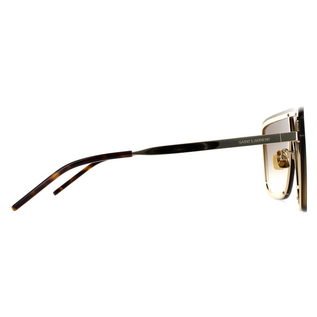 Saint Laurent Shield Unisex Gold  Brown Gradient  Sunglasses Saint Laurent are an oversized shield style with one large flat square shaped lens. Adjustable nose pads and plastic temple tips ensure comfort and the flat metal temples are engraved with the Saint Laurent logo..