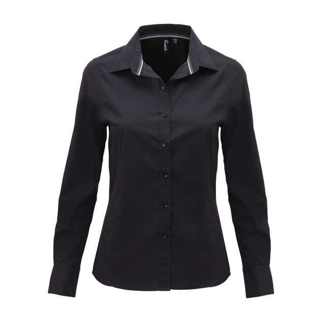 Long sleeve fitted shirt with soft collar styling. Contrast tape on the collar stand. Buttoned cuff and sleeve guard. Bust and back darts. Back yoke. Washing Instructions Domestic wash 40c. Fabric 65% Polyester, 35% Cotton. XS - 8, S - 10, M - 12, L - 14, XL - 16, 2XL - 18.