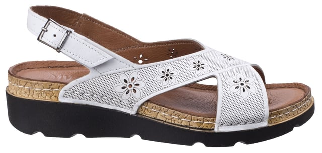 Stylish and comfortable wedge sandal from Italian inspired brand Riva. The attention is in the detail with floral decorations and supple leather uppers showcased on a sporty-look platform wedge. Soft and supple leather uppers. 
Perforated floral details and patterns. 
Criss-cross open toe design. 
Sling back strap with buckle closure. 
Anatomically designed cushioned leather foot bed.