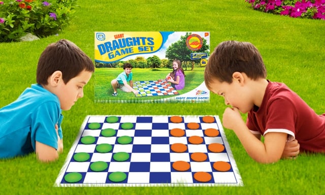 Giant Draughts : Move, jump and capture your opponent! A fantastic giant draughts game set that is perfect for both indoor and outdoor fun play. Kit contains: Playing mat 12 x red counters 12 x green counters Instructions This 2 player game is suitable for those over the age of 5 years.

    Giant Draughts Board Game 
    Extra large chunky counters
    And a 60 x 60cm playing board!
    Ideal for garden, park, beach and more!
    Large counters are also ideal for people with dexterity concerns or special needs learning toys
